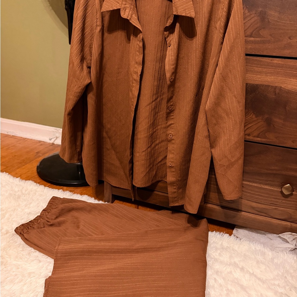 SHEIN Brown Textured Shirt and Flowy Pants